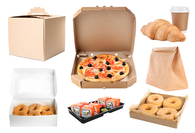 Image of Collage of cardboard and plastic containers with fresh food on white background. Online delivery