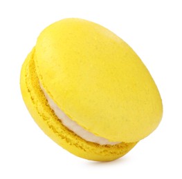Photo of Yellow macaron isolated on white. Delicious dessert
