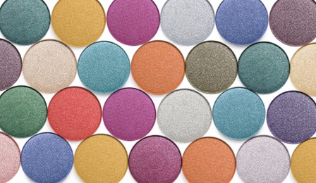 Image of Collage of beautiful different eye shadow refill pans on white background