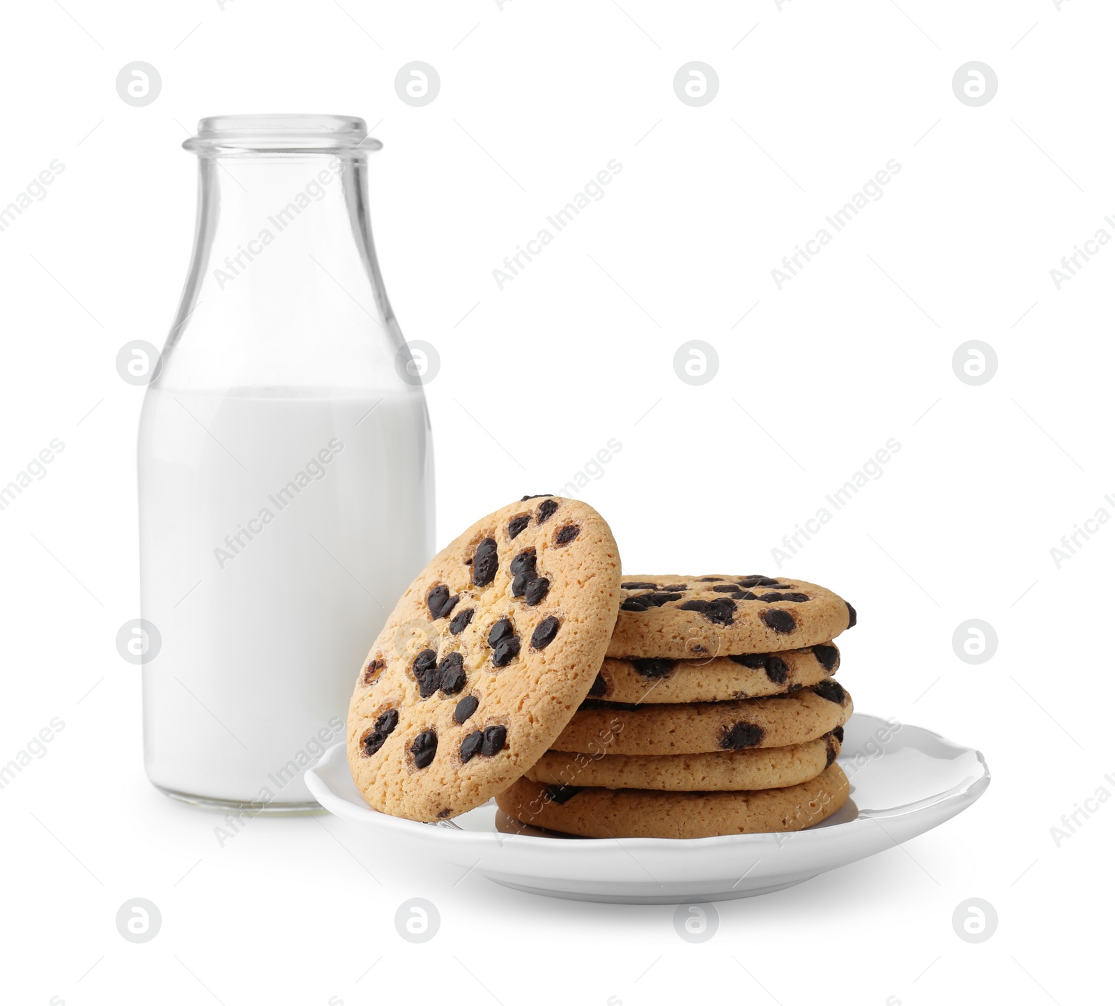 Delicious chocolate chip cookies and glass bottle with milk isolated on white Photo of Delicious chocolate chip cookies and glass bottle with milk isolated on white