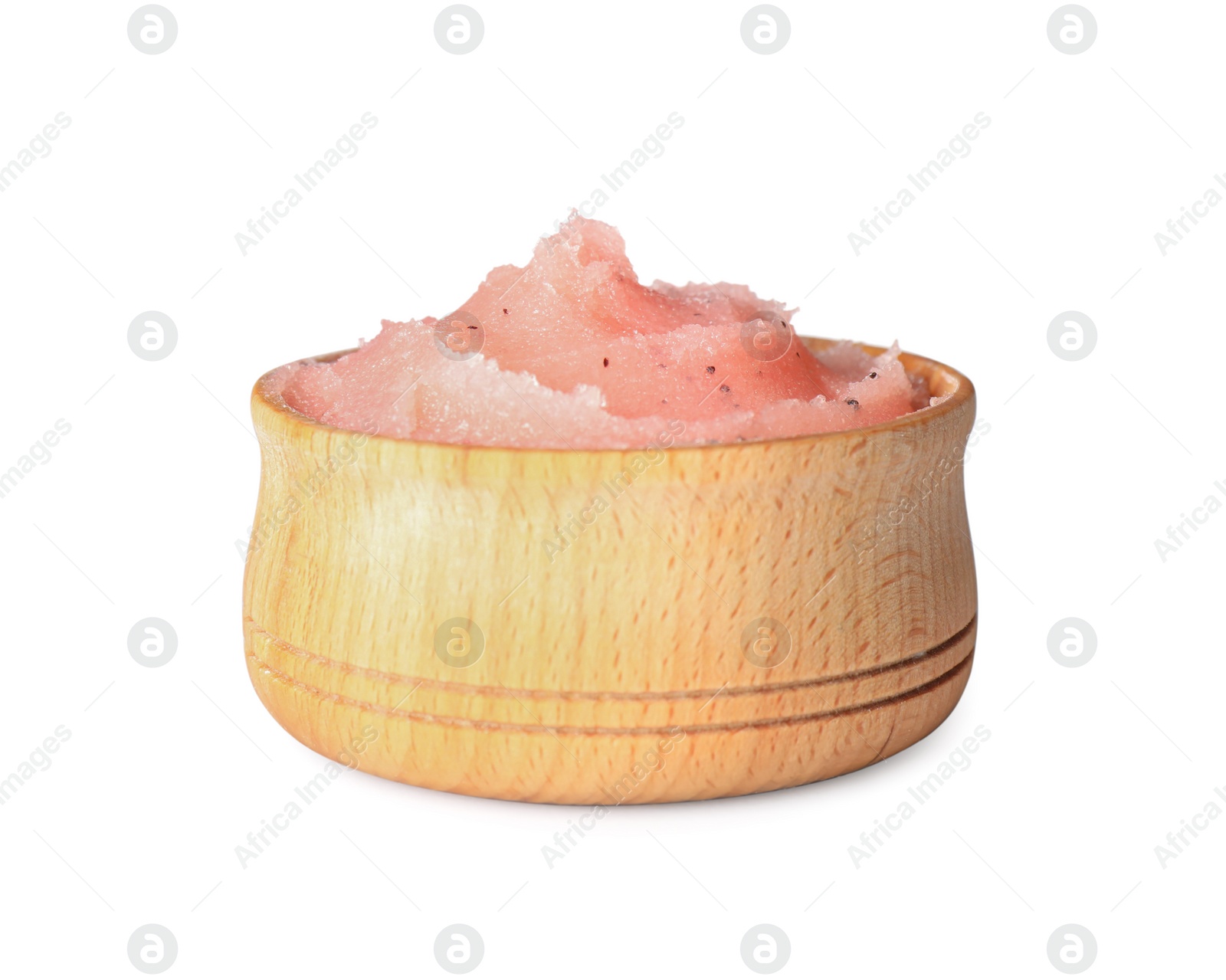 Photo of Wooden bowl of pink body scrub isolated on white