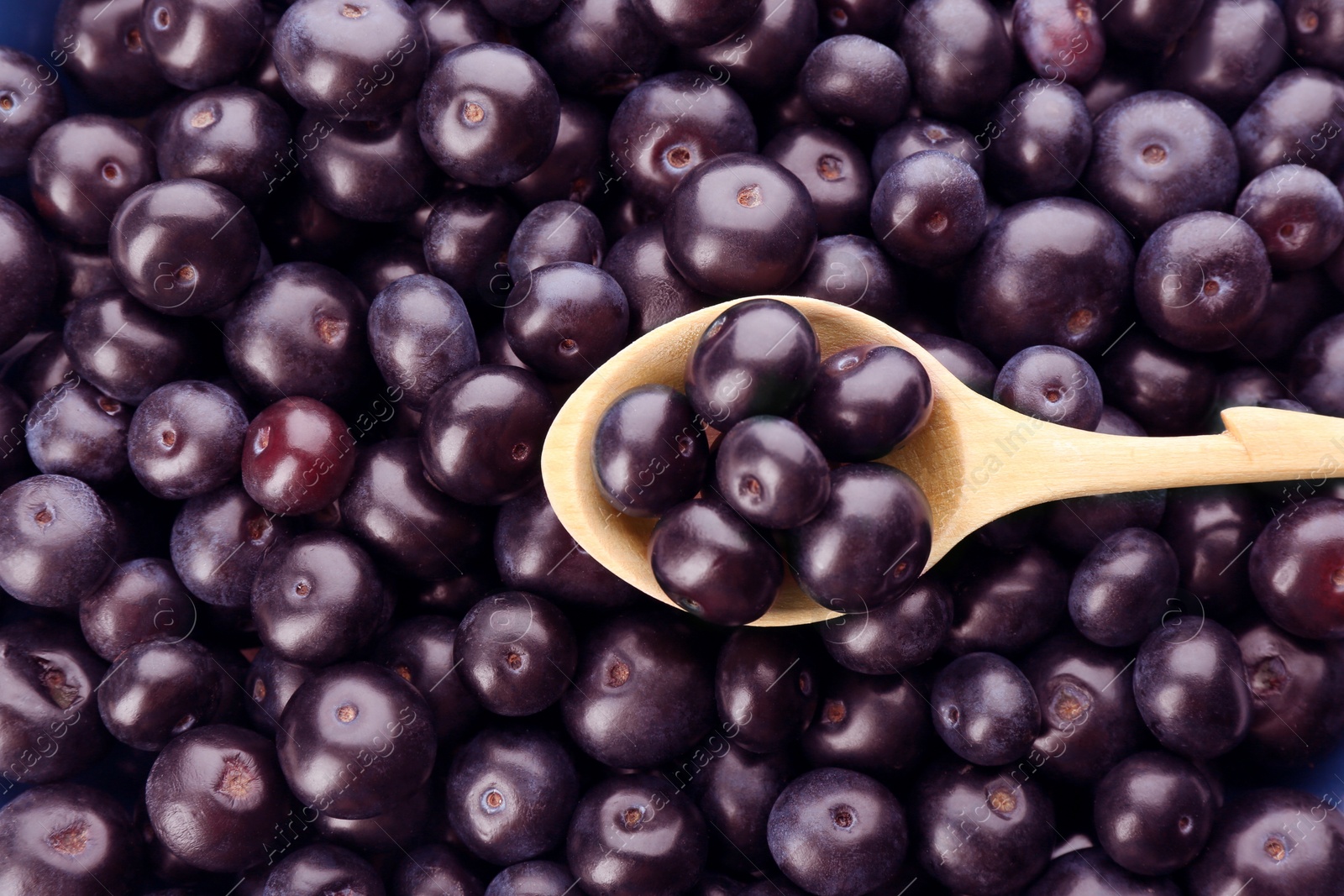 Photo of Wooden spoon and fresh ripe acai berries as background, closeup