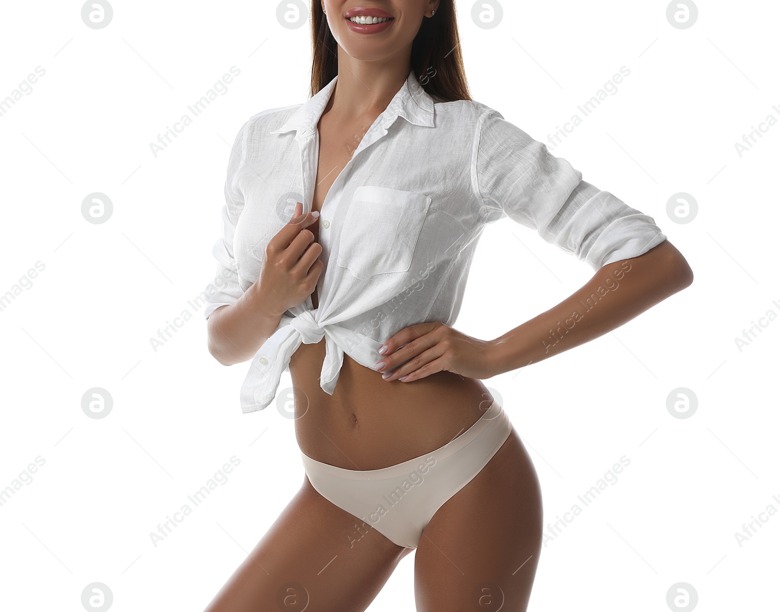 Photo of Woman in panties and shirt on white background, closeup