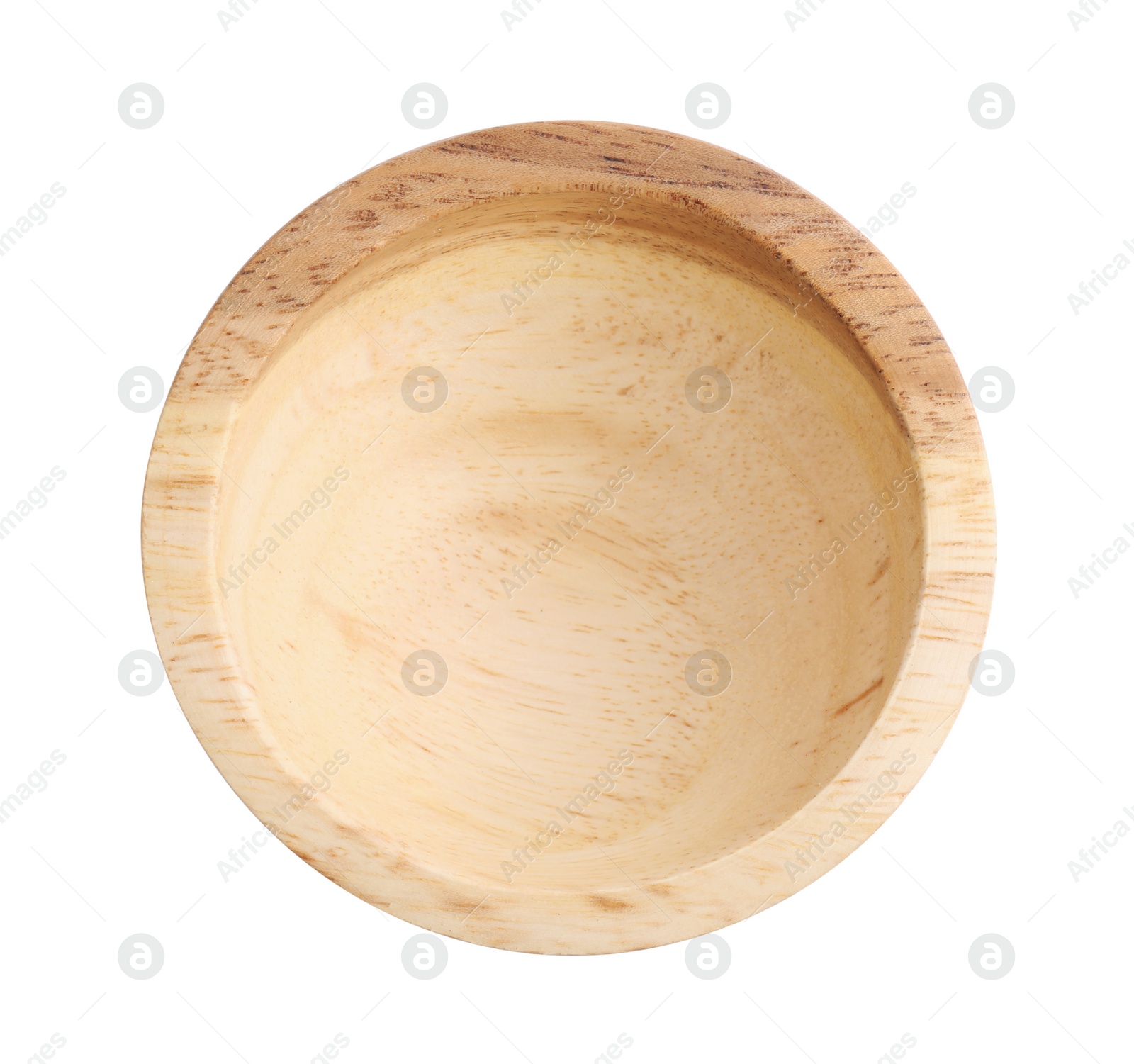 Photo of Wooden bowl on white background, top view