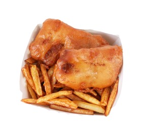 Photo of Tasty fish and chips in paper box isolated on white, top view