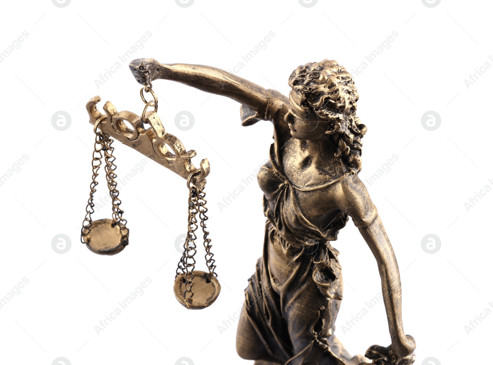 Photo of Statue of Lady Justice isolated on white, above view. Symbol of fair treatment under law