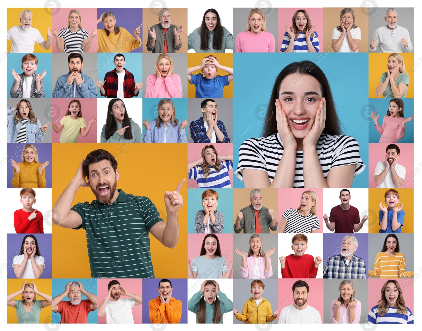 Image of Collage with photos of surprised people on different color backgrounds