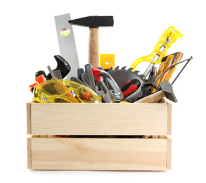 Photo of Wooden crate with different carpenter's tools isolated on white