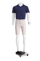 Photo of Male mannequin with accessories dressed in stylish polo shirt and shorts isolated on white