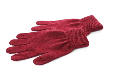 Photo of Woolen gloves on white background. Winter clothes