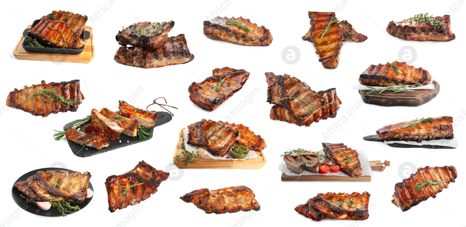 Image of Set of delicious roasted ribs on white background