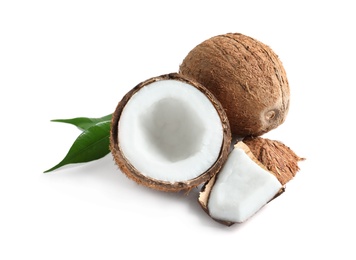 Photo of Ripe coconuts on white background