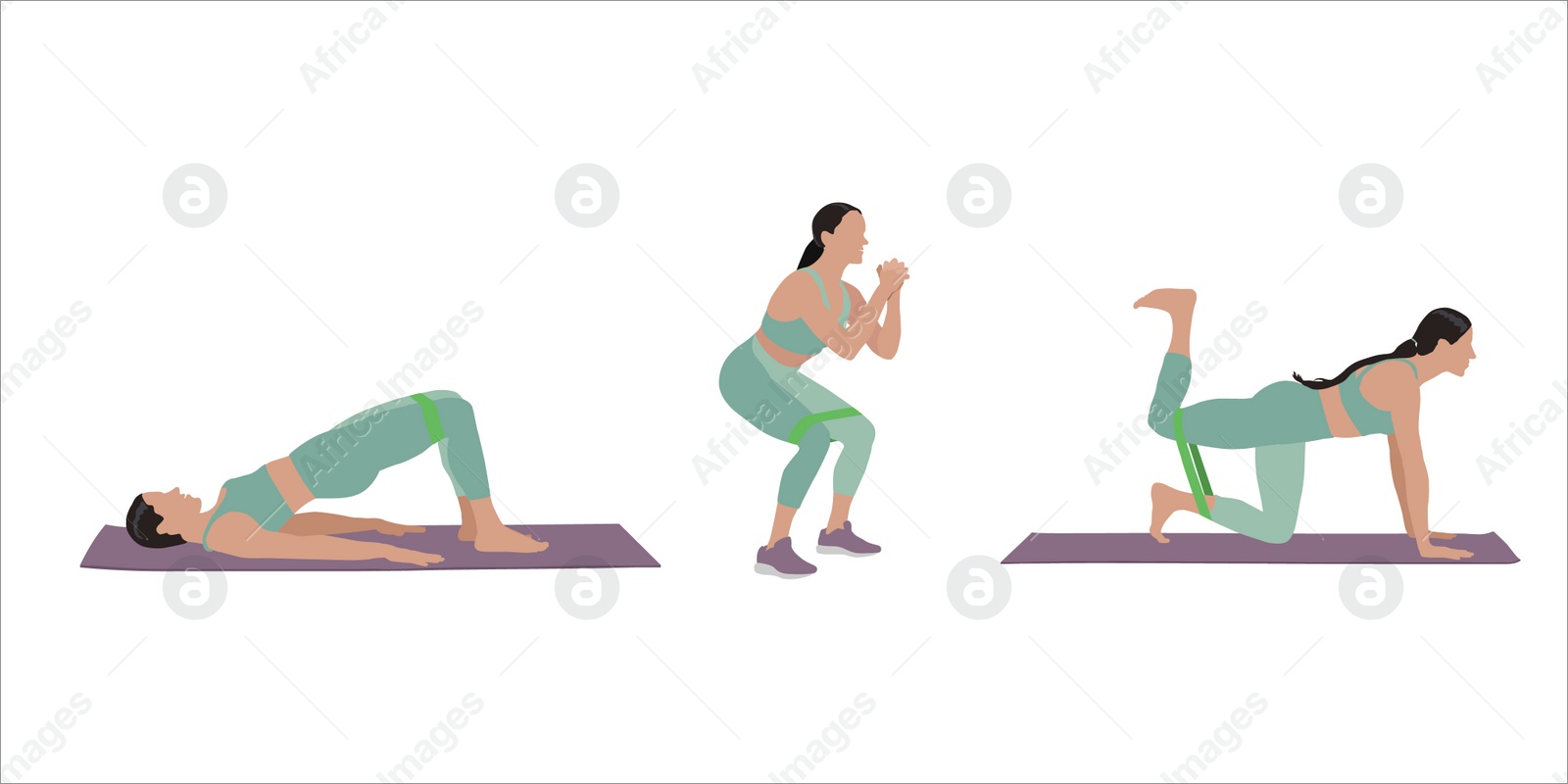 Illustration of Woman doing exercises with fitness elastic band on white background, collage