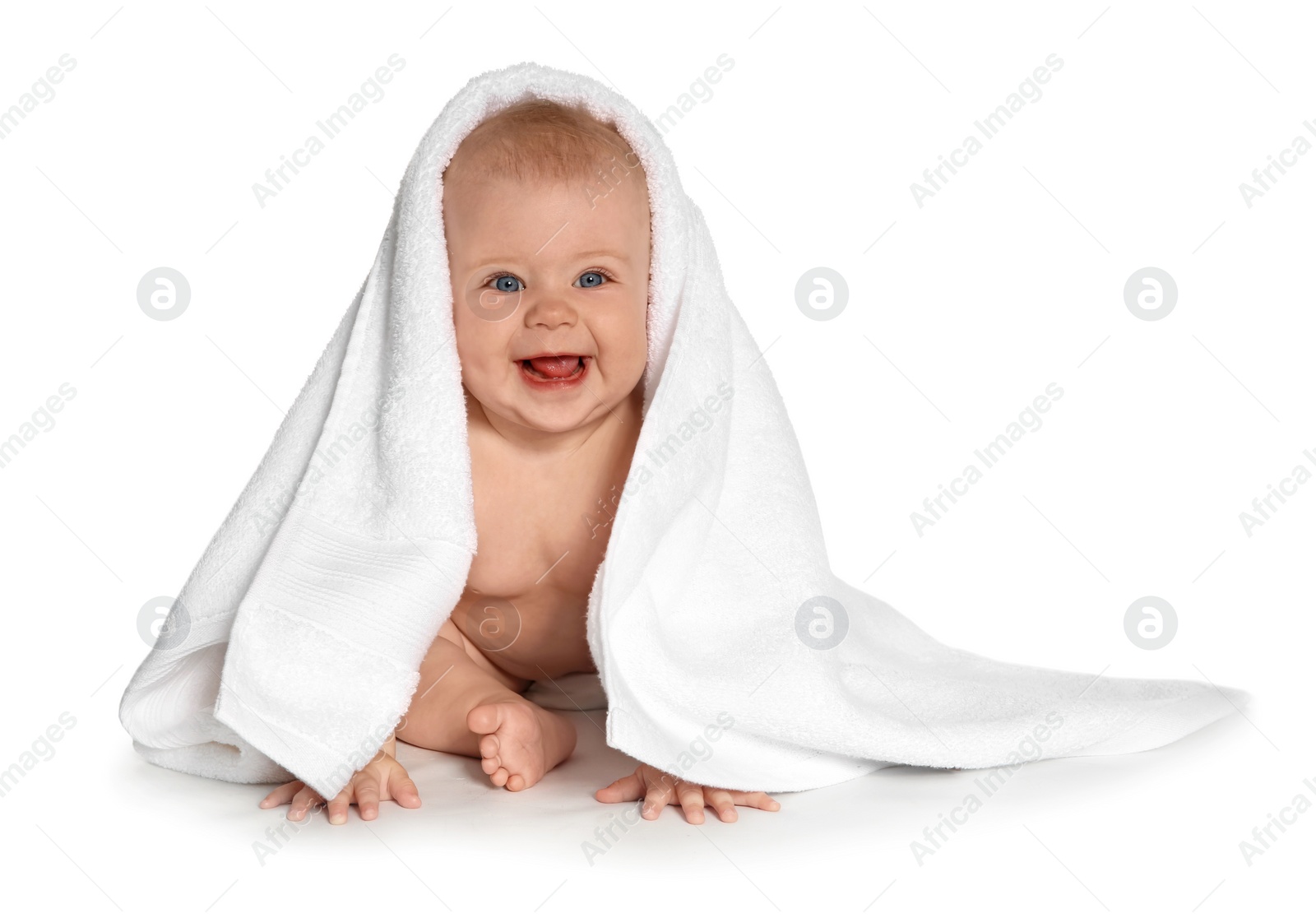 Photo of Cute little baby with soft towel on white background