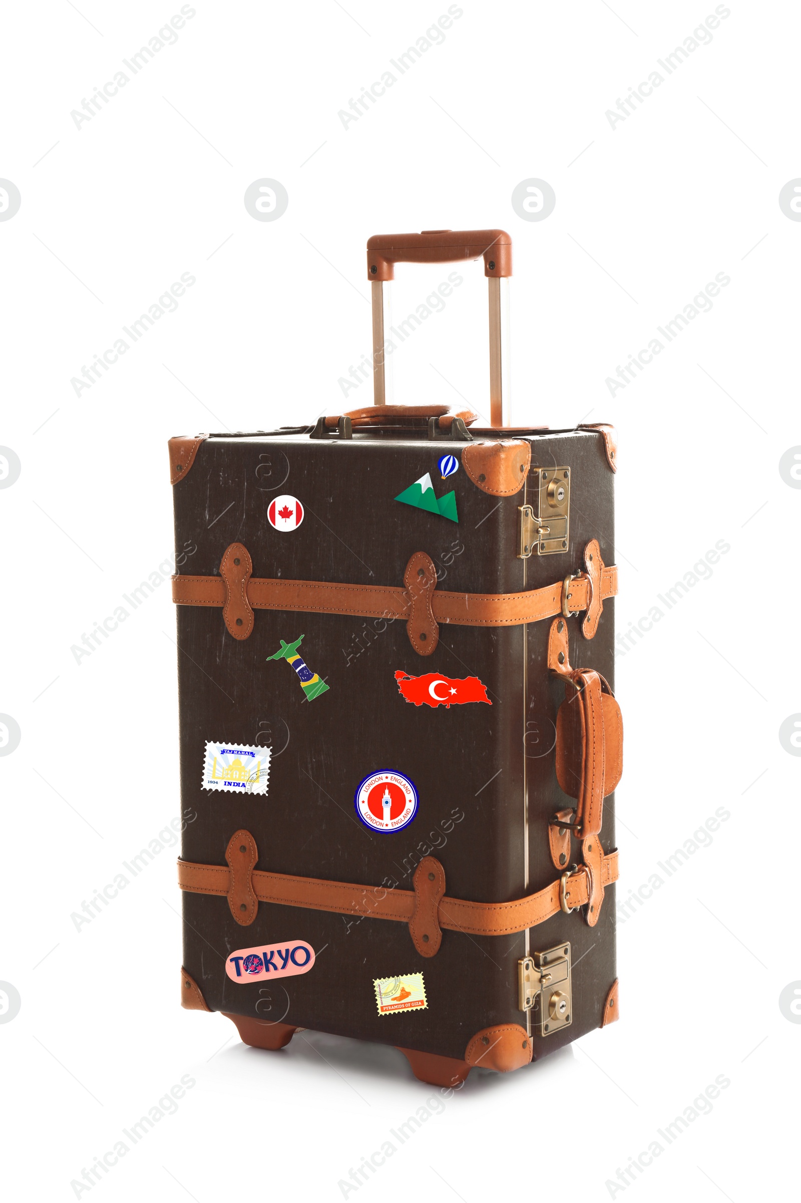 Image of Retro suitcase with travel stickers on white background