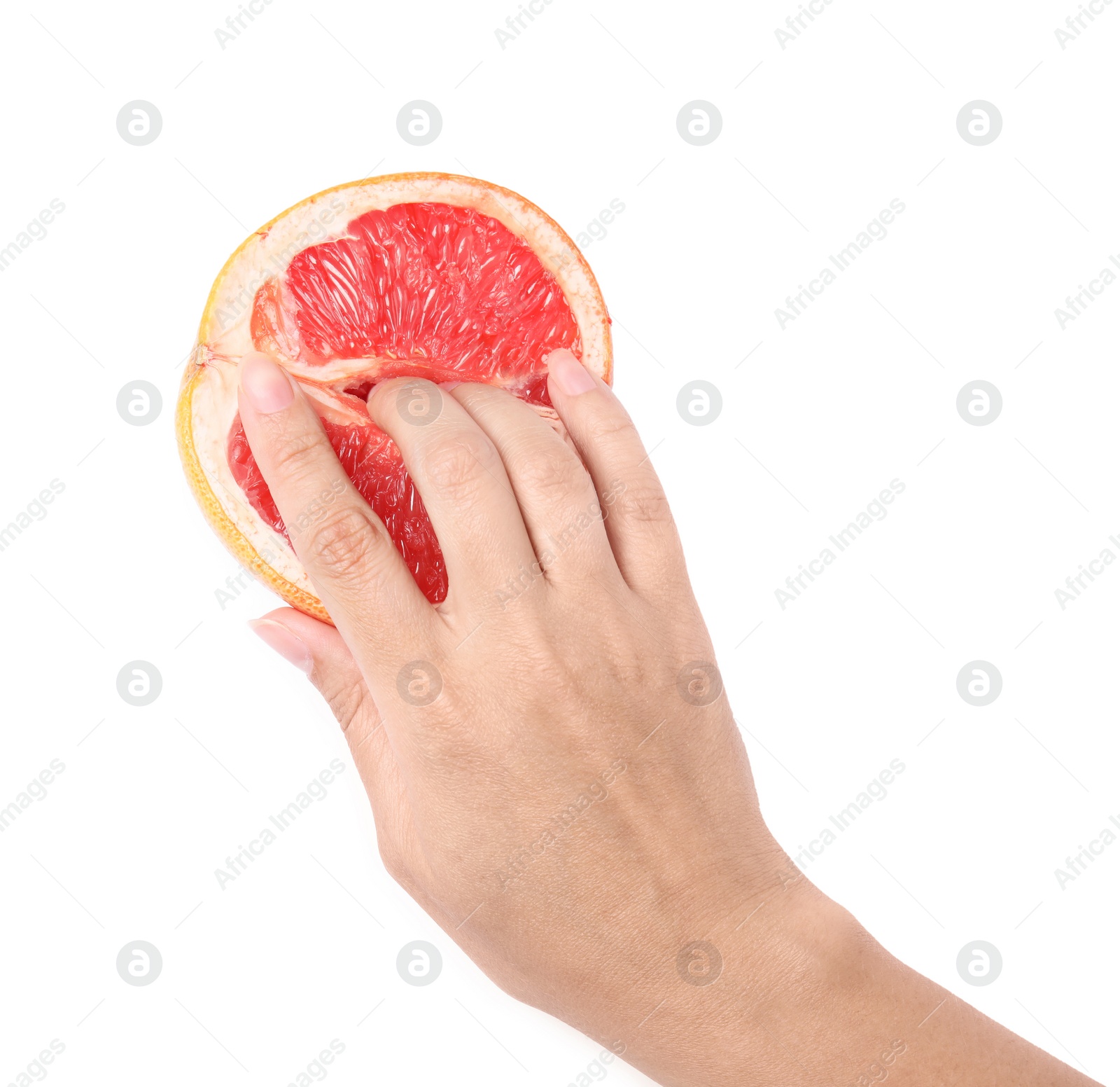 Photo of Young woman touching half of grapefruit on white background, top view. Sex concept