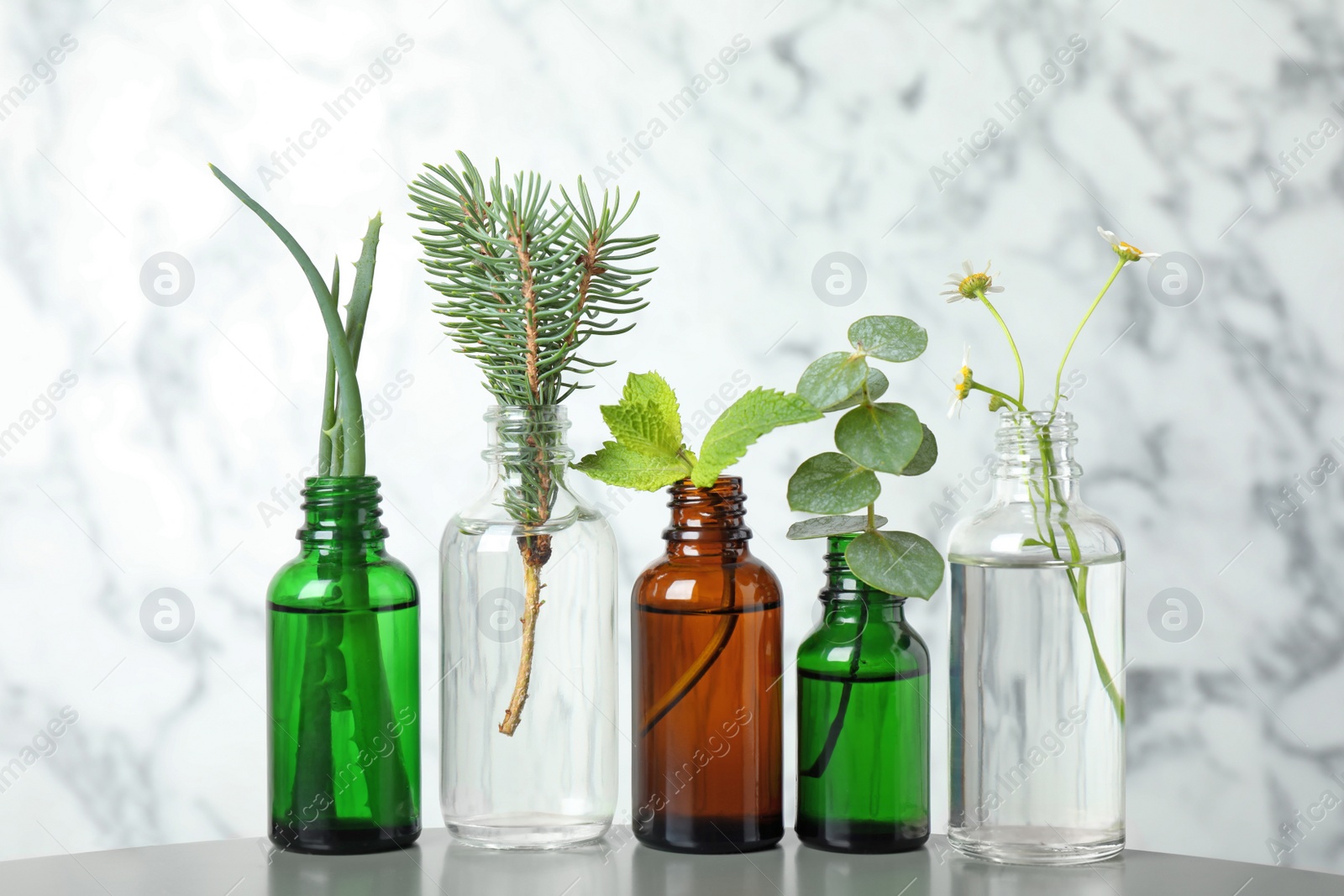 Photo of Glass bottles of different essential oils with plants on table