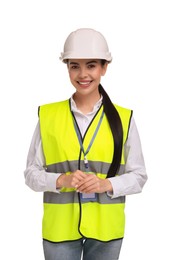 Photo of Engineer in hard hat on white background