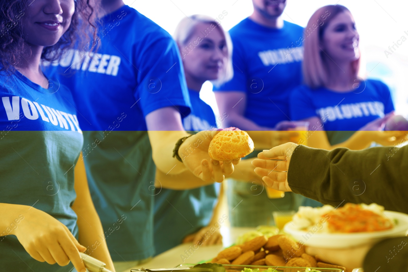 Image of Double exposure of volunteers serving food to refugees and Ukrainian flag, closeup. Help during war