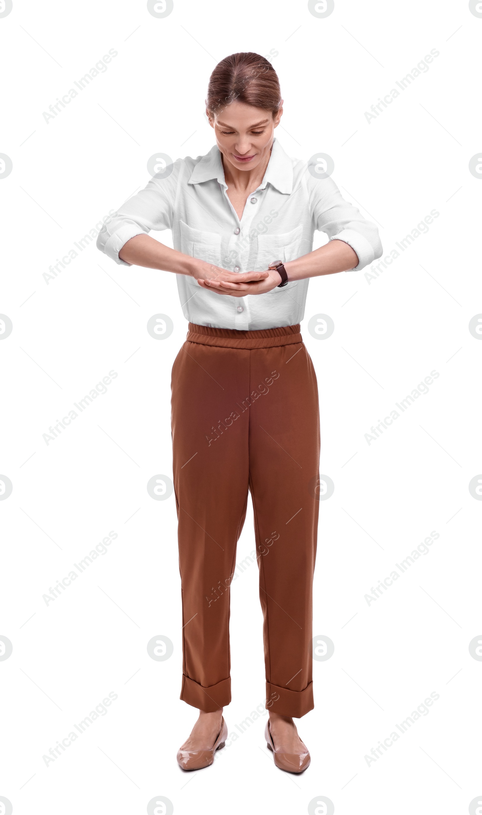 Photo of Beautiful business woman posing on white background