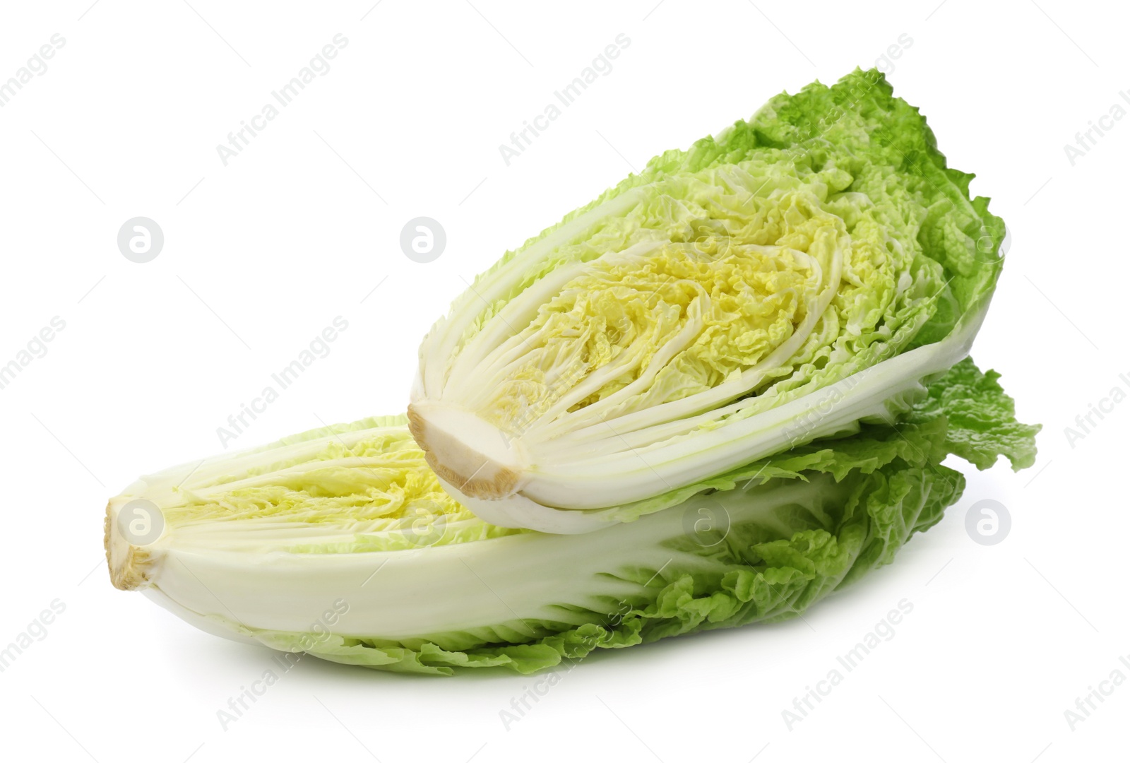 Photo of Cut fresh ripe Chinese cabbages on white background