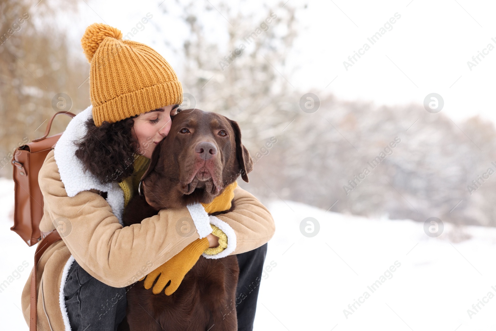 Photo of Woman with adorable Labrador Retriever dog in snowy park, space for text