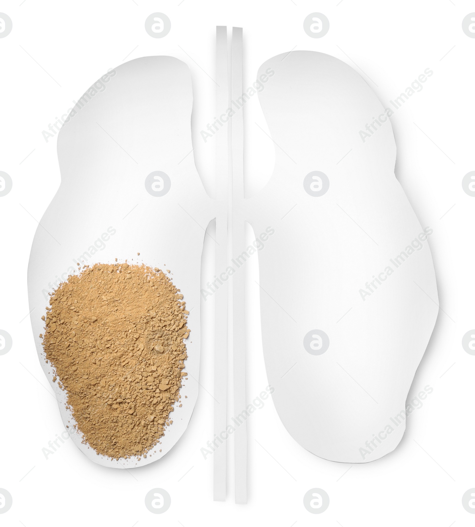 Photo of Paper cutout with sand on white background, top view. Kidney stone disease