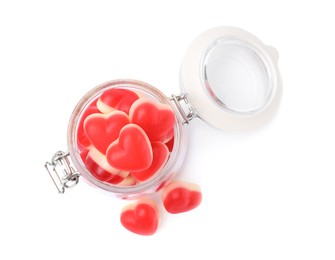 Photo of Jar and sweet heart shaped jelly candies on white background, top view