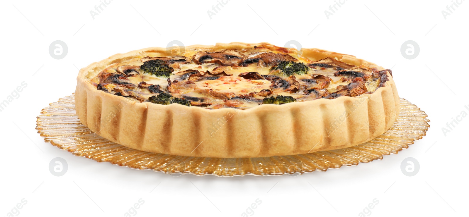 Photo of Delicious quiche with mushrooms isolated on white