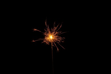 One burning sparkler stick on black background