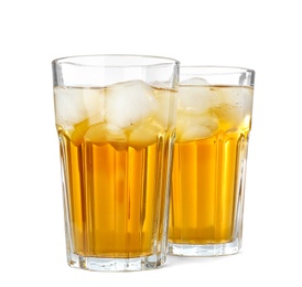Photo of Two glasses of fresh apple juice on white background