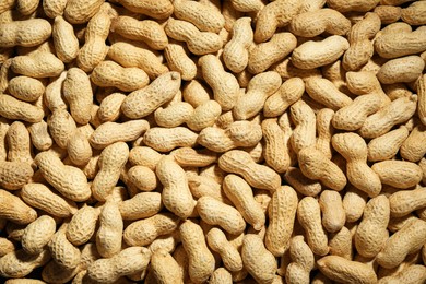 Many fresh unpeeled peanuts as background, top view