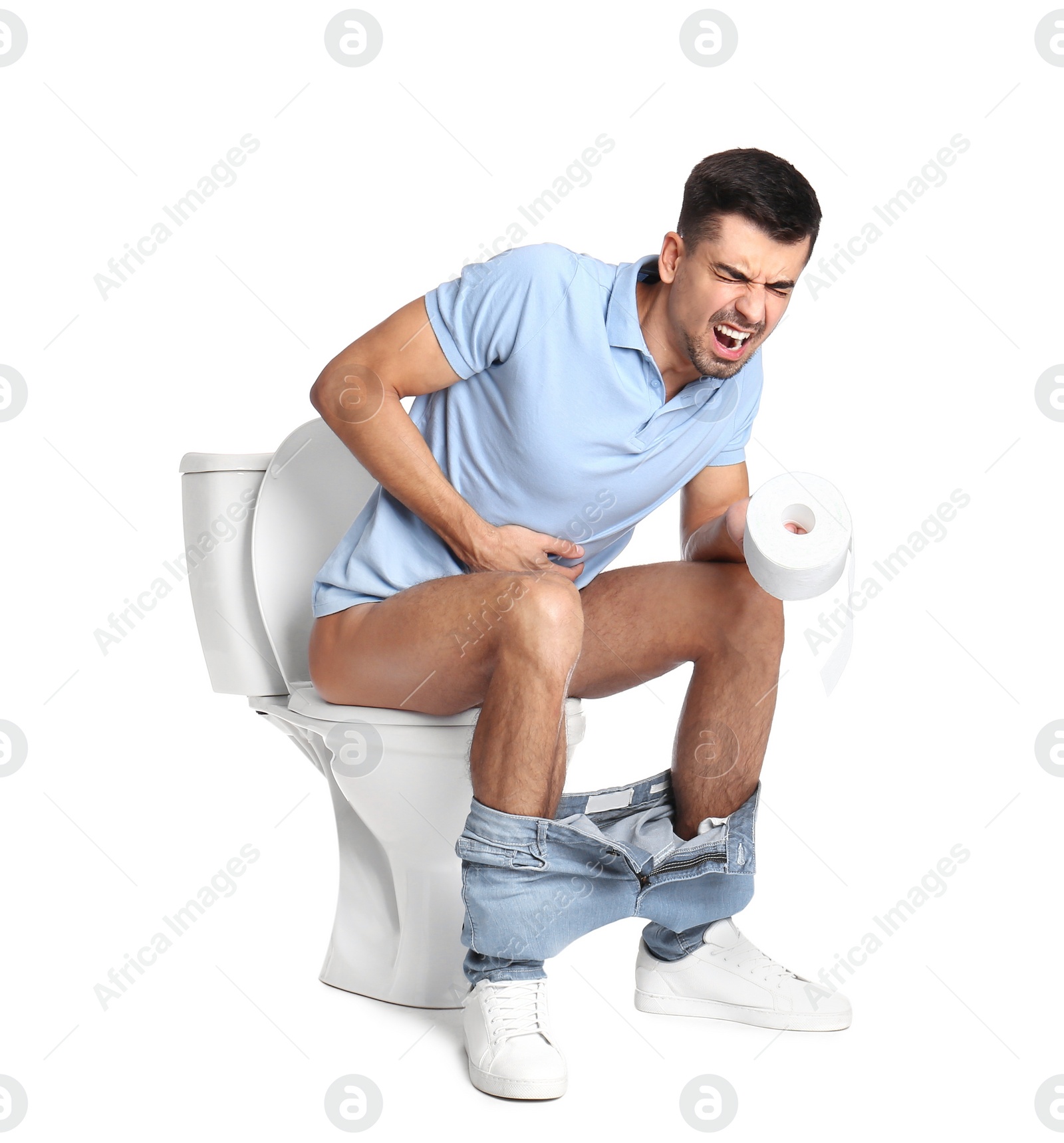 Photo of Man suffering from diarrhea on toilet bowl, white background