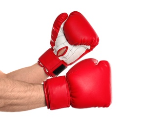 Photo of Man in boxing gloves on white background, closeup