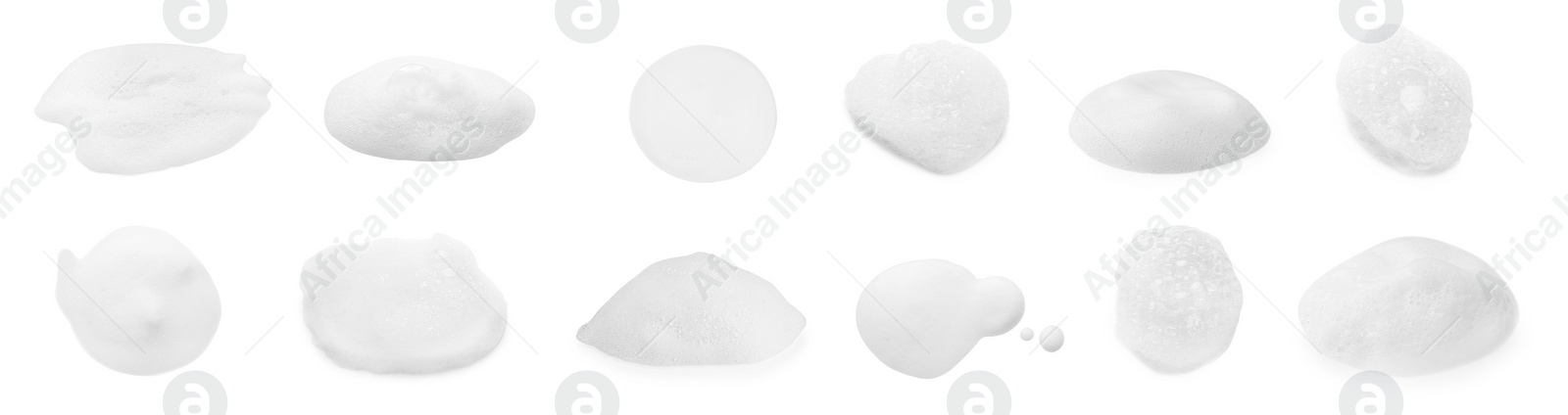 Image of Collage with foam of cosmetic cleanser isolated on white