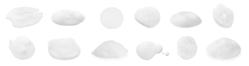 Image of Collage with foam of cosmetic cleanser isolated on white