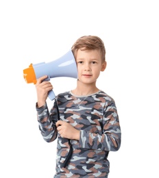 Photo of Cute little boy with megaphone on white background