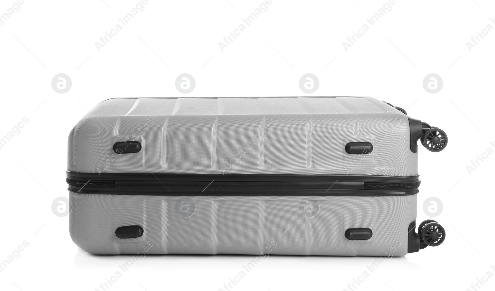 Photo of Grey suitcase for travelling on white background