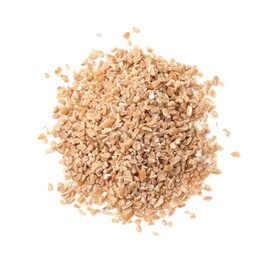 Photo of Pile of dry wheat groats isolated on white, top view