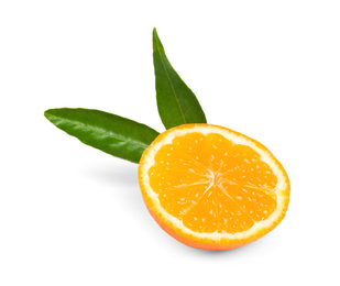 Photo of Half of fresh ripe tangerine with leaves isolated on white. Citrus fruit