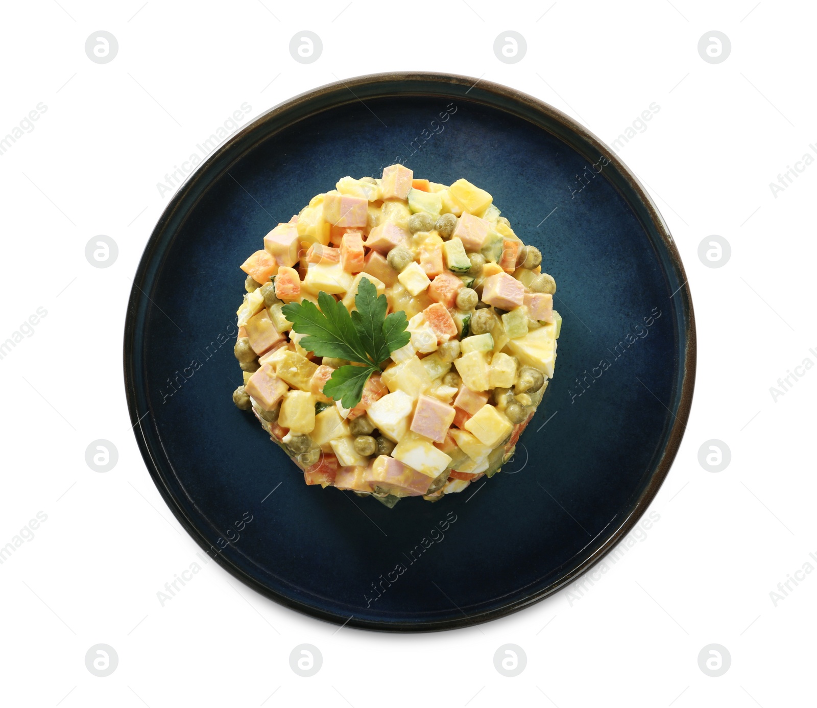 Photo of Delicious russian salad Olivier on white background, top view