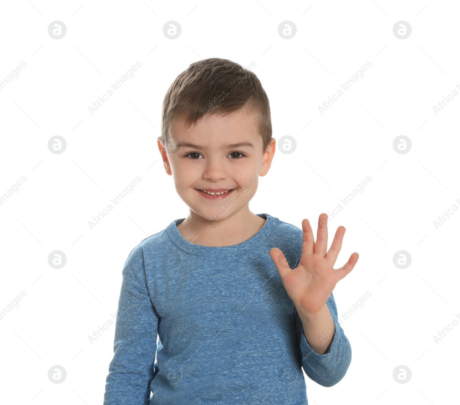 Photo of Little boy using video chat against white background, view from web camera