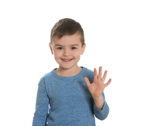 Photo of Little boy using video chat against white background, view from web camera