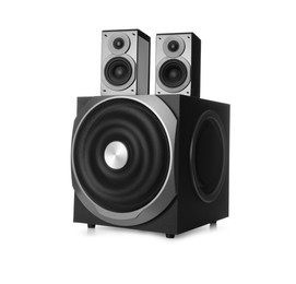 Photo of Modern powerful audio speaker system on white background