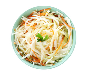 Tasty cabbage salad in bowl isolated on white, top view