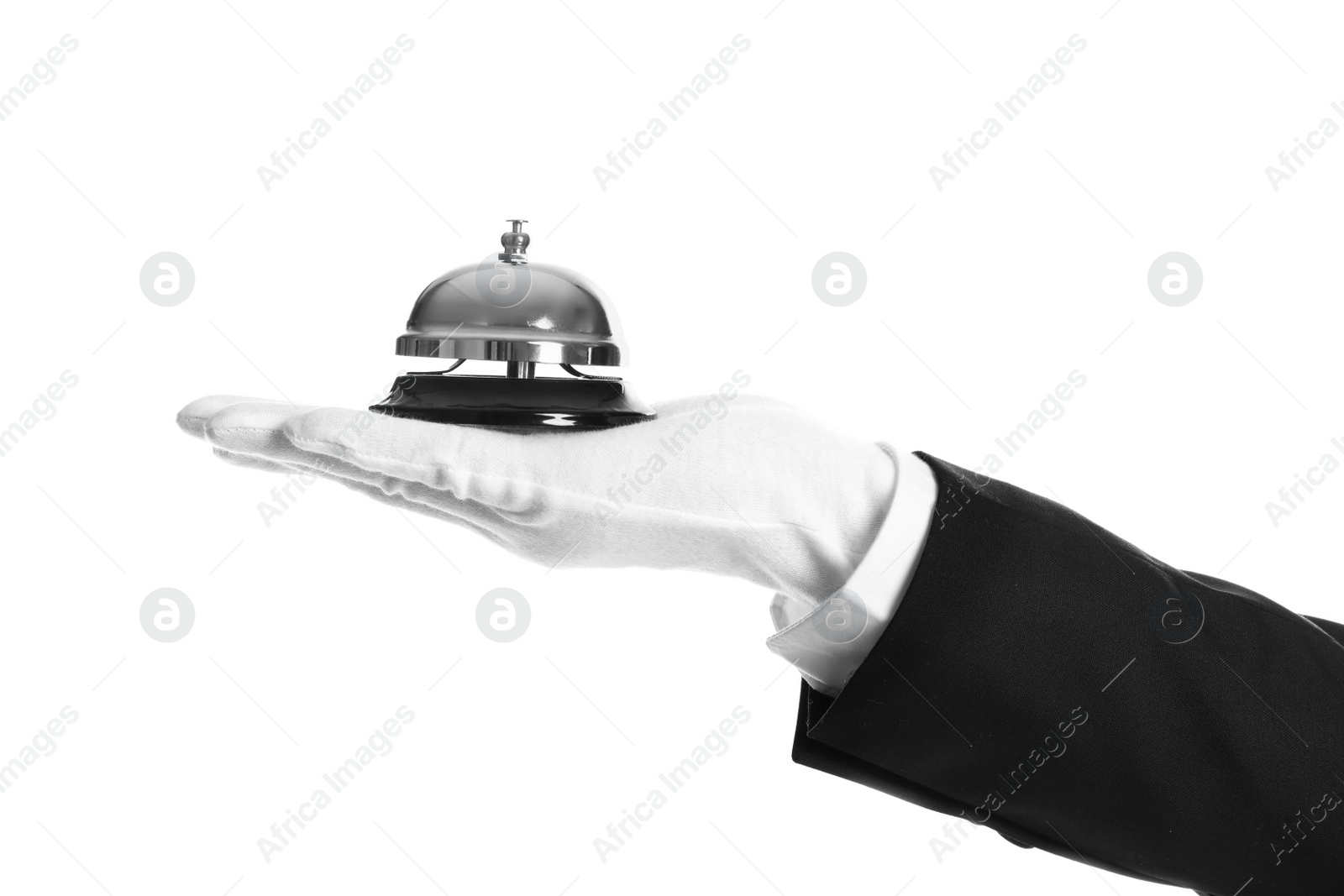 Photo of Butler holding service bell on white background, closeup