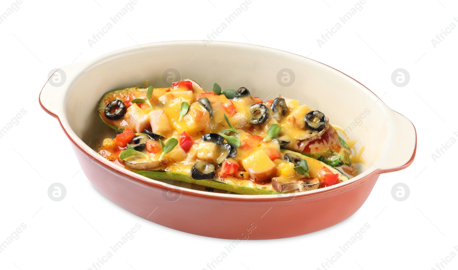 Photo of Baking dish with delicious stuffed zucchinis on white background