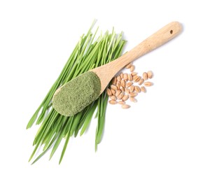 Photo of Wheat grass powder in spoon, seeds and fresh sprouts isolated on white, top view