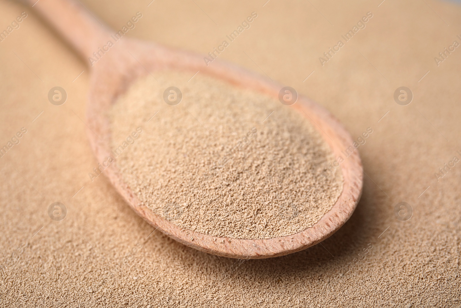 Photo of Spoon with granulated yeast, closeup view. Ingredient for baking