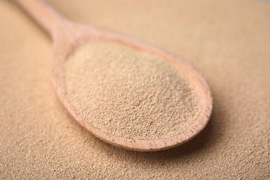 Spoon with granulated yeast, closeup view. Ingredient for baking